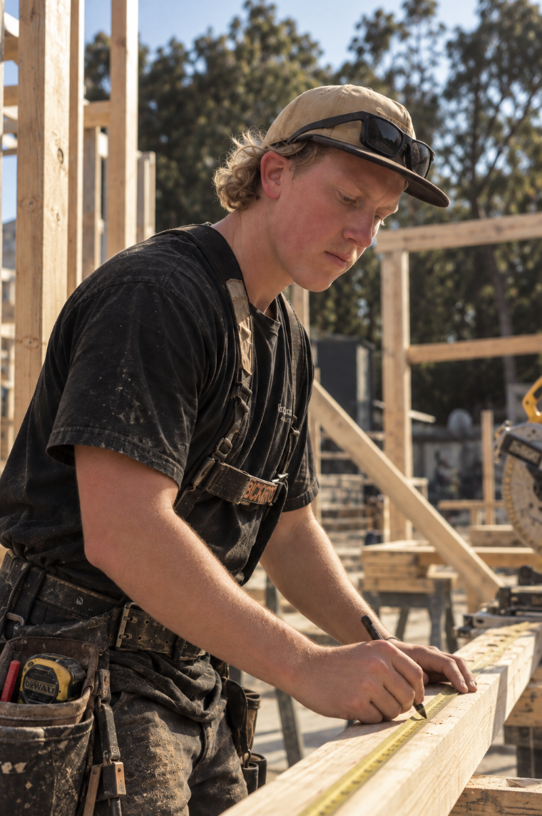 Carpenter inspecting timber framing on site