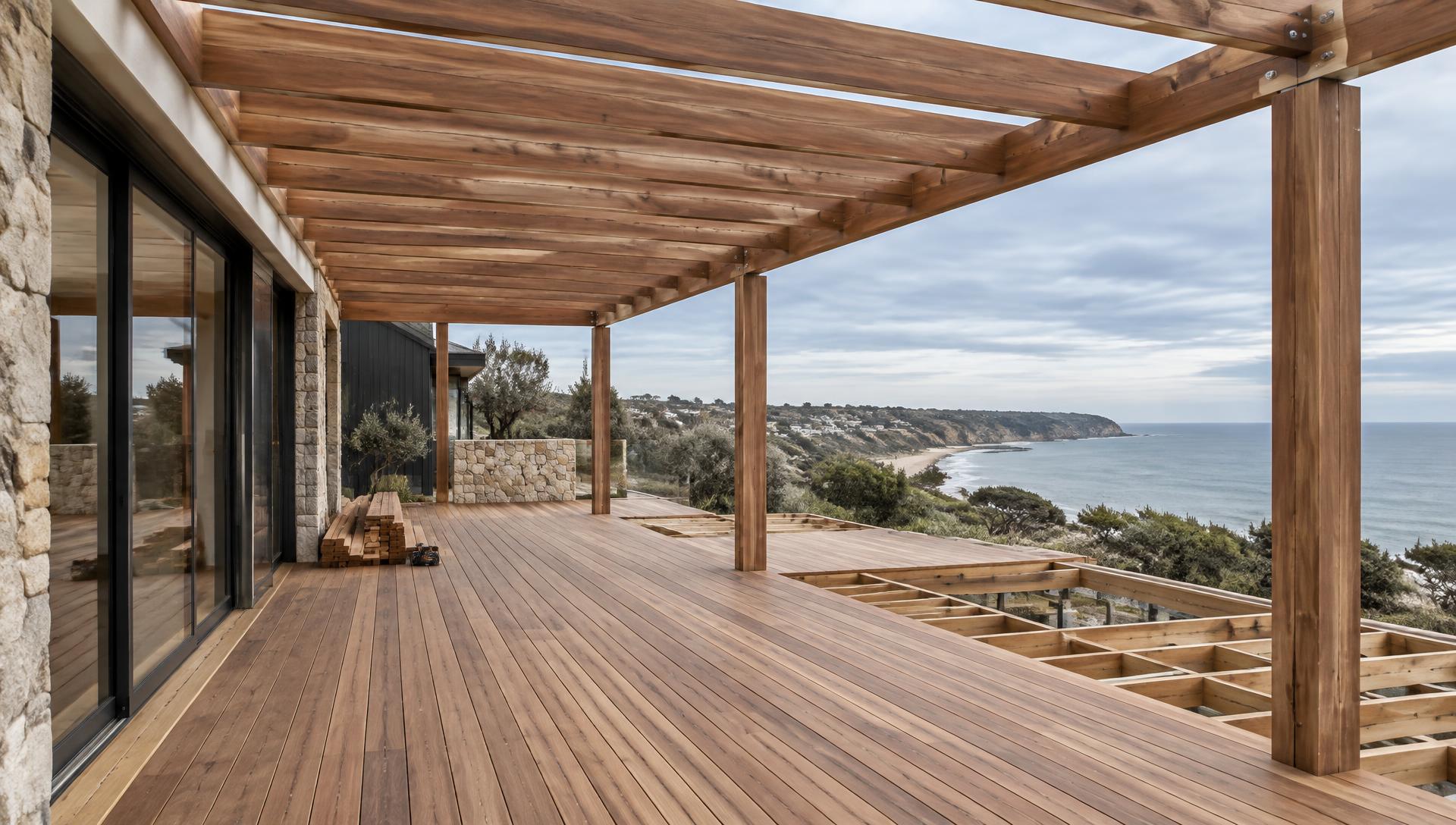 Modern timber pergola and deck overlooking the Mornington Peninsula coastline